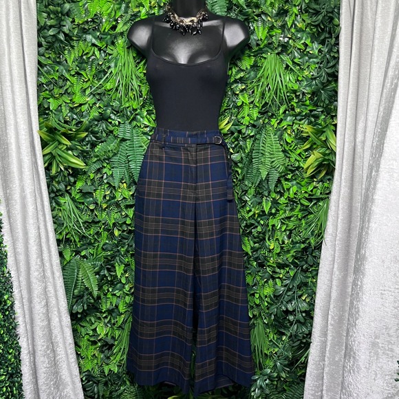 Ann Taylor Dress Pants Womens Size 6 Navy Blue Plaid Wide Leg Crop Belted 3758 - Picture 2 of 10